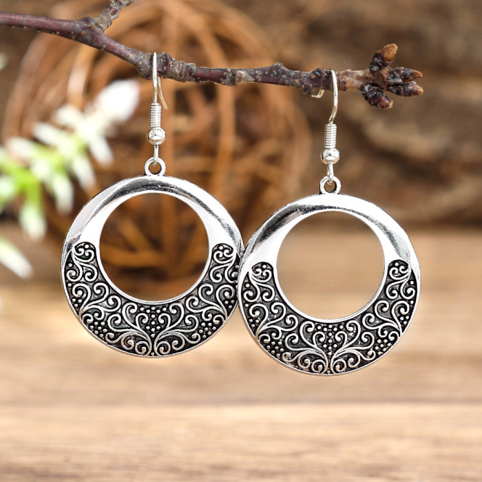 Ethnic Vacation Style Metal Texture Vintage Hollow Carved Earrings Personality Versatile Geometric Silver Earrings Wh...