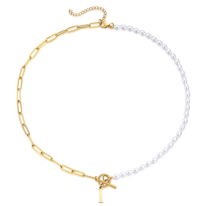 Amazon 26 Letter Pearl Necklace Simple Fashion Paperclip OT Buckle Style Pearl Titanium Steel Necklace