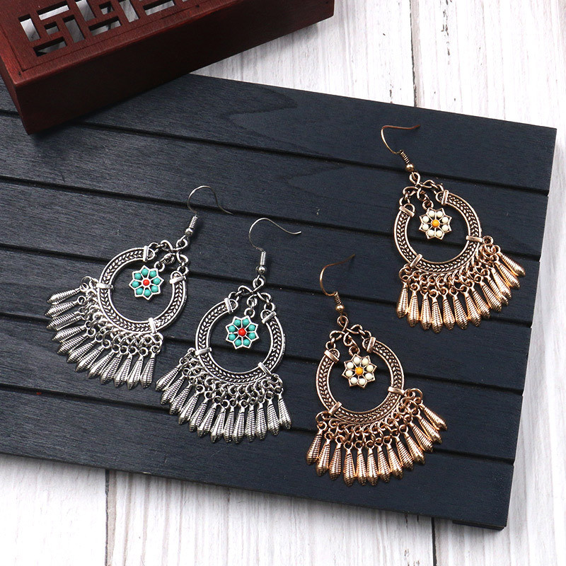European and American Hot-Selling Alloy Earrings Creative Rice Bead Flower Tassel Earrings Bohemian Fashion Exaggerated Jewelry Wholesale