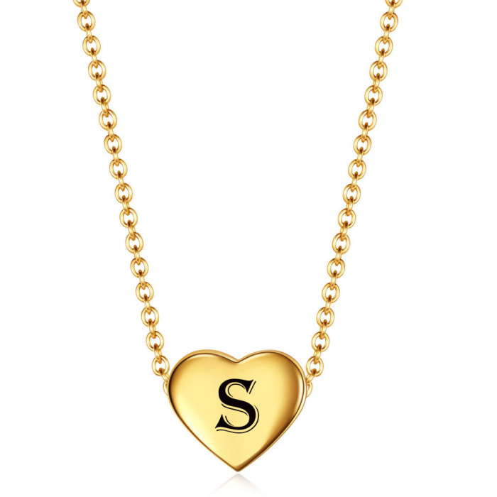 Hot Sale Simple Stainless Steel 12MM Heart 18K Gold Pendant 26 English Letters Necklace Wholesale