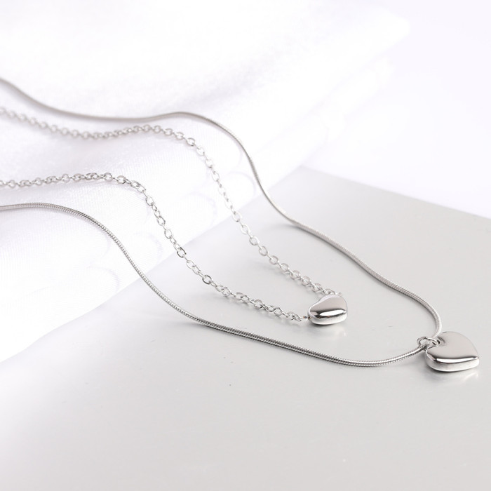 European and American Cross-Border Hot Sale New Fashion Double Layer Stacked Smooth Heart Versatile Collarbone Chain Necklace with Laser Logo