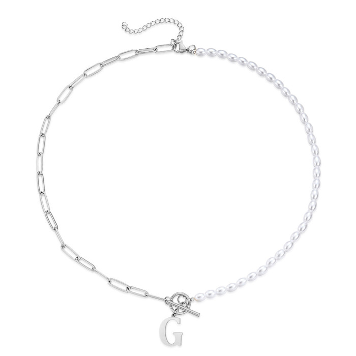 Amazon 26 Letter Pearl Necklace Simple Fashion Paperclip OT Buckle Style Pearl Titanium Steel Necklace