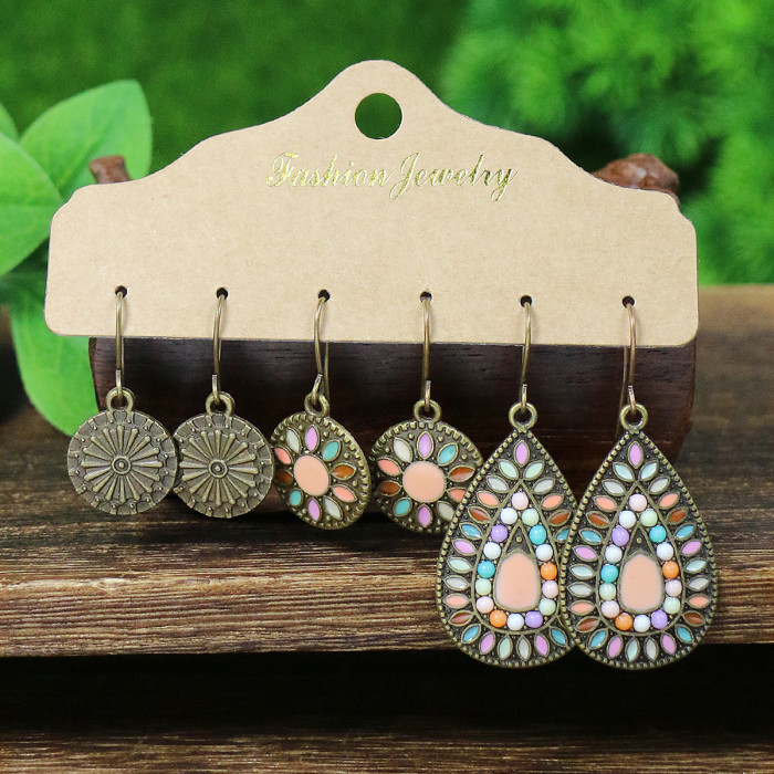Multi-Piece Set Hot-Selling Earrings for Women Ethnic Style Handmade Tassel Alloy Turquoise Water Drop Earrings Whole...
