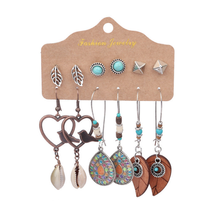 Amazon New Retro Earrings Turquoise Lantern Flower Earrings Long Ethnic Style Jewelry 6-Piece Set, Jewelry Sets