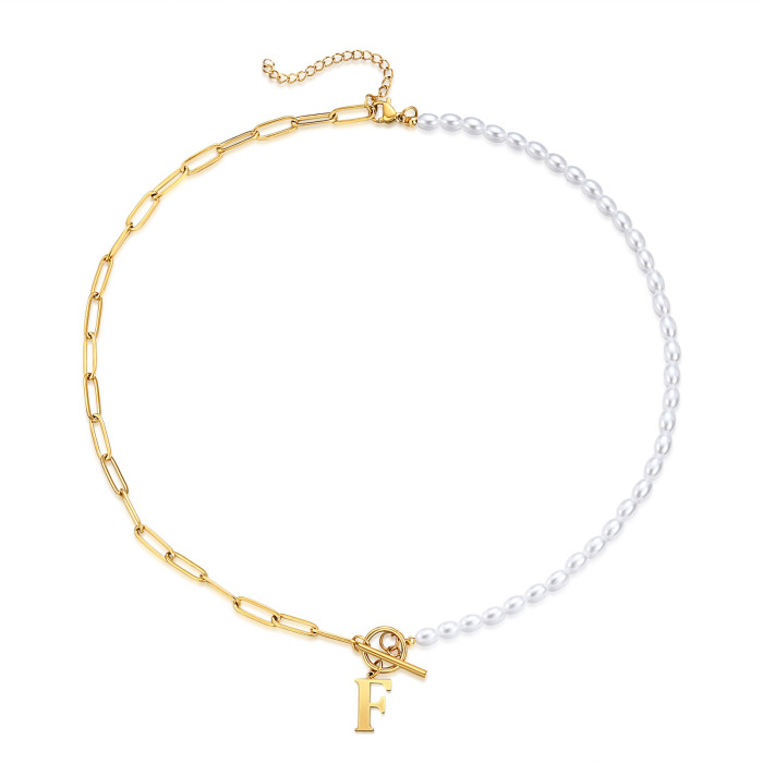 Amazon 26 Letter Pearl Necklace Simple Fashion Paperclip OT Buckle Style Pearl Titanium Steel Necklace
