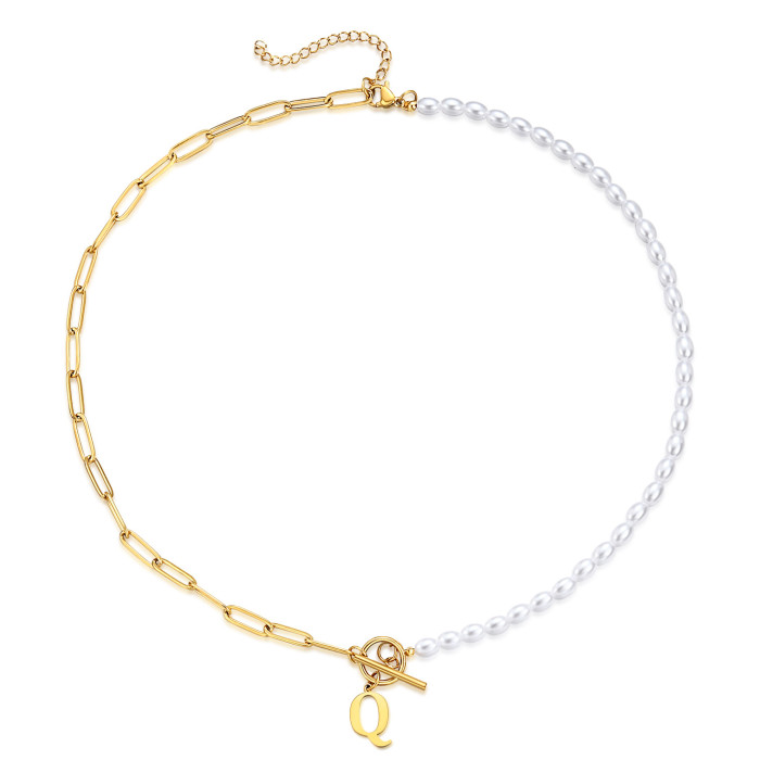 Amazon 26 Letter Pearl Necklace Simple Fashion Paperclip OT Buckle Style Pearl Titanium Steel Necklace