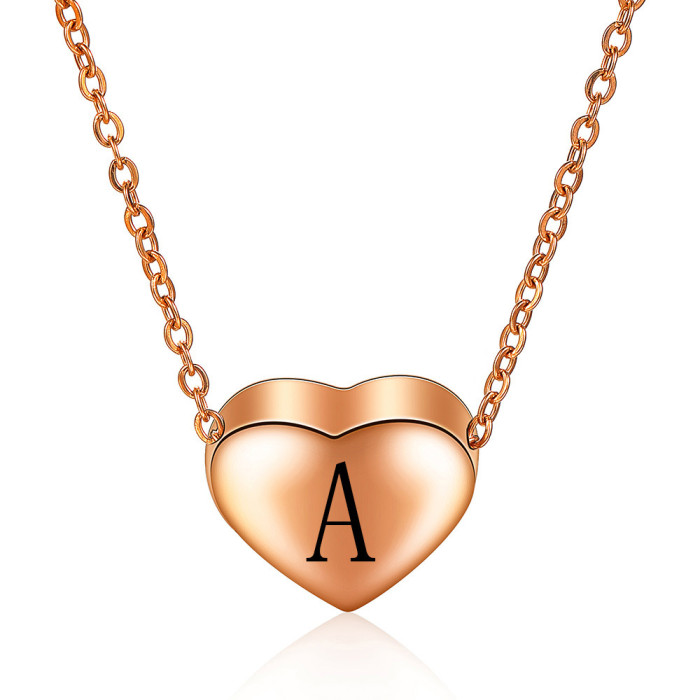 Hot Sale Simple Stainless Steel Rose Gold 12MM Heart 26 English Letters Heart-Shaped Necklace Wholesale