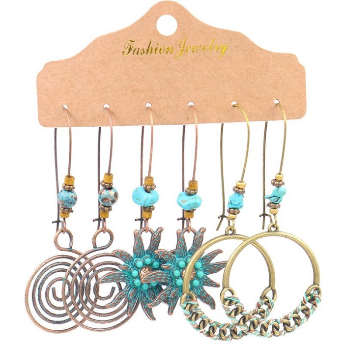 Multi-Piece Set Hot-Selling Earrings for Women Ethnic Style Handmade Tassel Alloy Turquoise Water Drop Earrings Whole...