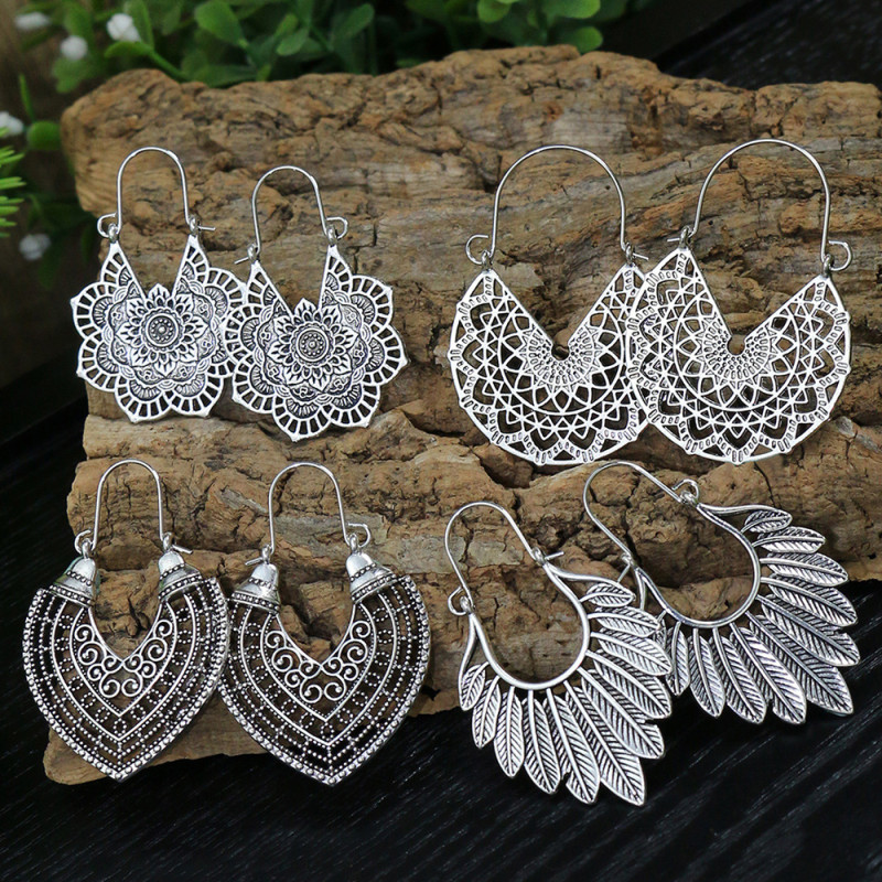 Cross-Border Independent Station Hot-Selling Earrings for Women, European and American Trendy Heart Flower Leaf Earrings, Vintage Silver U-Shaped Ear Jewelry