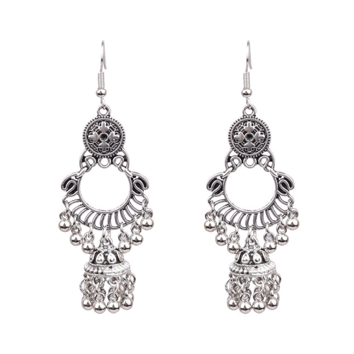 Tibetan Silver Vintage Earrings Style Rice Beads Bell Tassel Long Drop Statement Exaggerated Earrings New Model