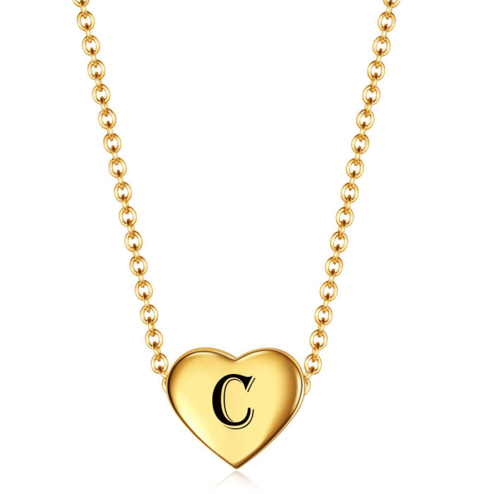 Hot Sale Simple Stainless Steel 12MM Heart 18K Gold Pendant 26 English Letters Necklace Wholesale