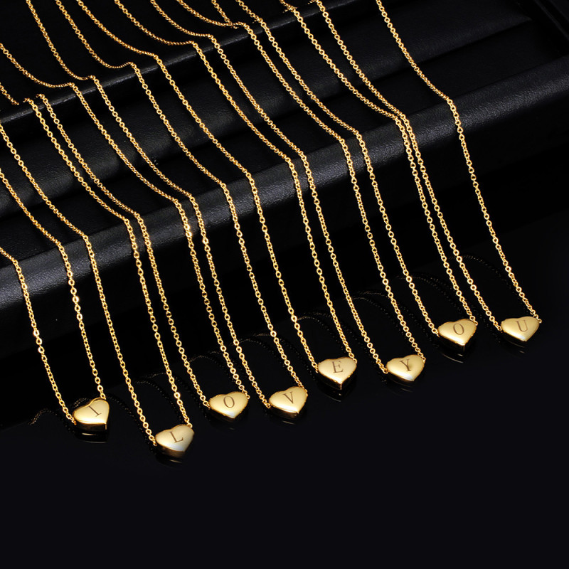 Amazon Wish Hot Sale Stainless Steel Versatile Heart Pendant 26 English Letters Titanium Steel Collarbone Chain Necklace Wholesale