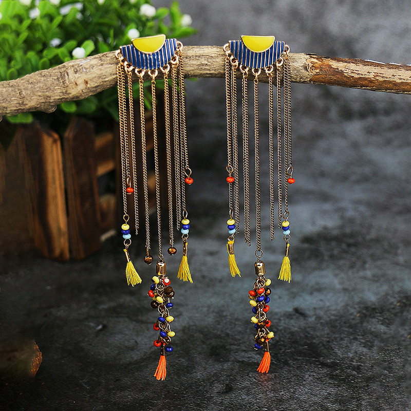 European and American Style Retro Palace Beaded Tassel Earrings Bohemian Elegant Crystal Long Women's Earrings Wholesale