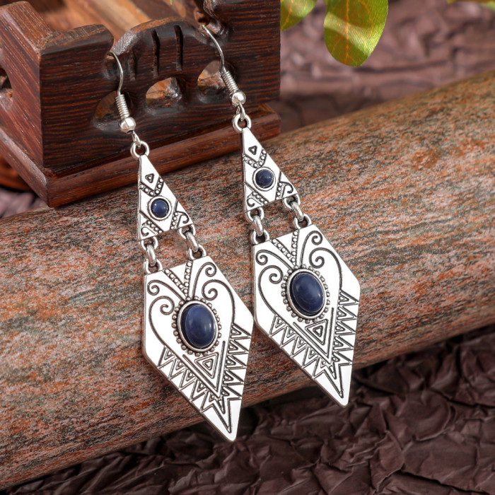 Cross-Border Hot-Selling Retro Bohemian Turquoise Earrings Simple Versatile Geometric Rhombus Metal Texture Ear Jewelry Wholesale