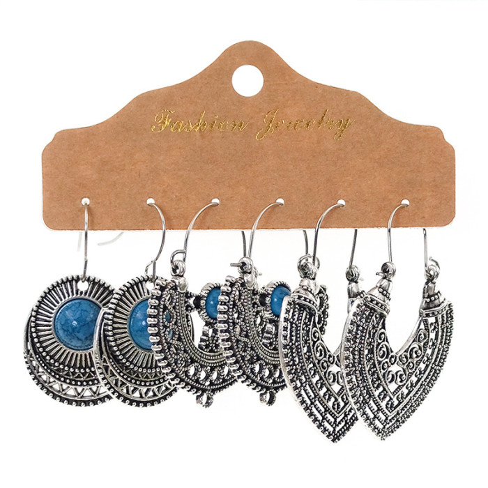 Trend Hollow Earrings Vintage Inlaid Floral Personality Earrings Ethnic Style Combination Set Wholesale, Jewelry Sets
