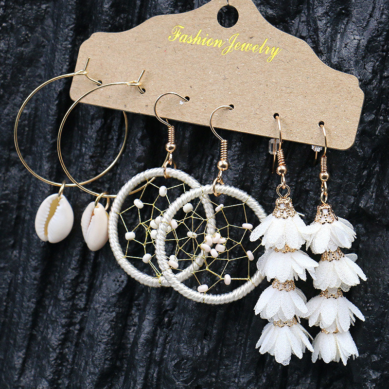 3-Piece Earring Set Korean Version Creative Personality Gold Shell Dream Catcher Flower Earrings Accessories Cross-Border Hot Sale
