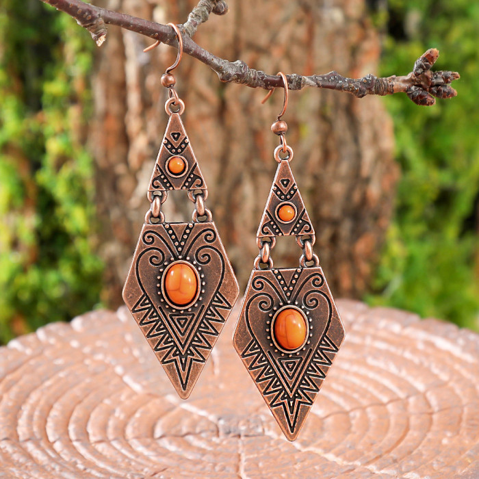 Cross-Border Hot-Selling Retro Bohemian Turquoise Earrings Simple Versatile Geometric Rhombus Metal Texture Ear Jewelry Wholesale
