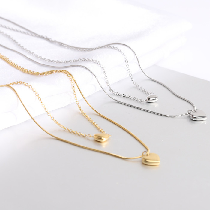 European and American Cross-Border Hot Sale New Fashion Double Layer Stacked Smooth Heart Versatile Collarbone Chain Necklace with Laser Logo