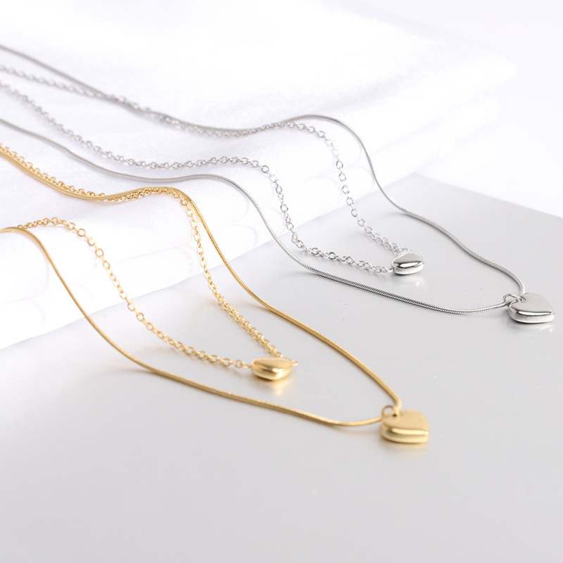 European and American Cross-Border Hot Sale New Fashion Double Layer Stacked Smooth Heart Versatile Collarbone Chain Necklace with Laser Logo