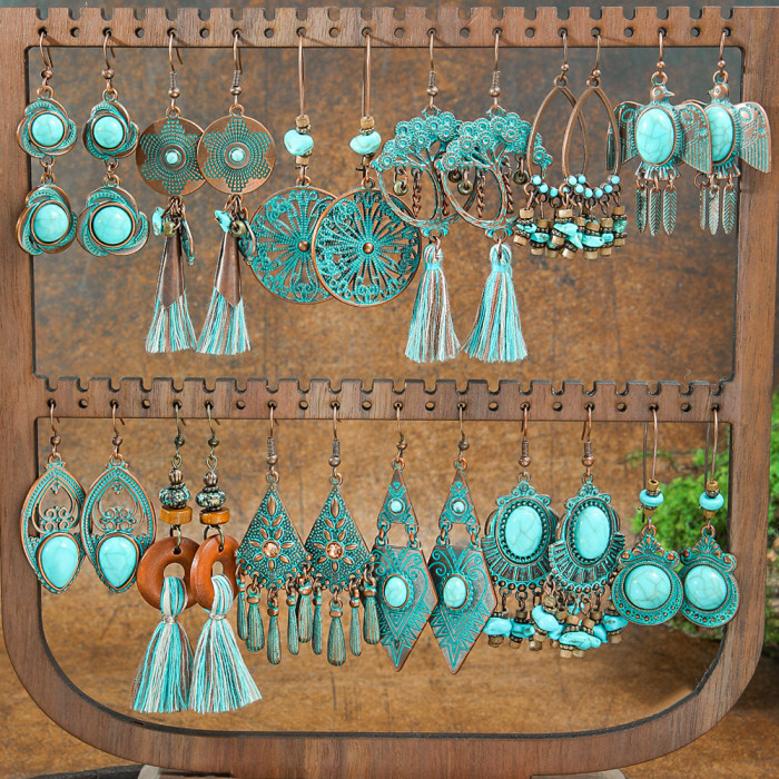 Cross-Border New Holiday Style Retro Turquoise Long Earrings Personality Exaggerated Geometric Drop Earrings Manufacturer Ear Jewelry Wholesale