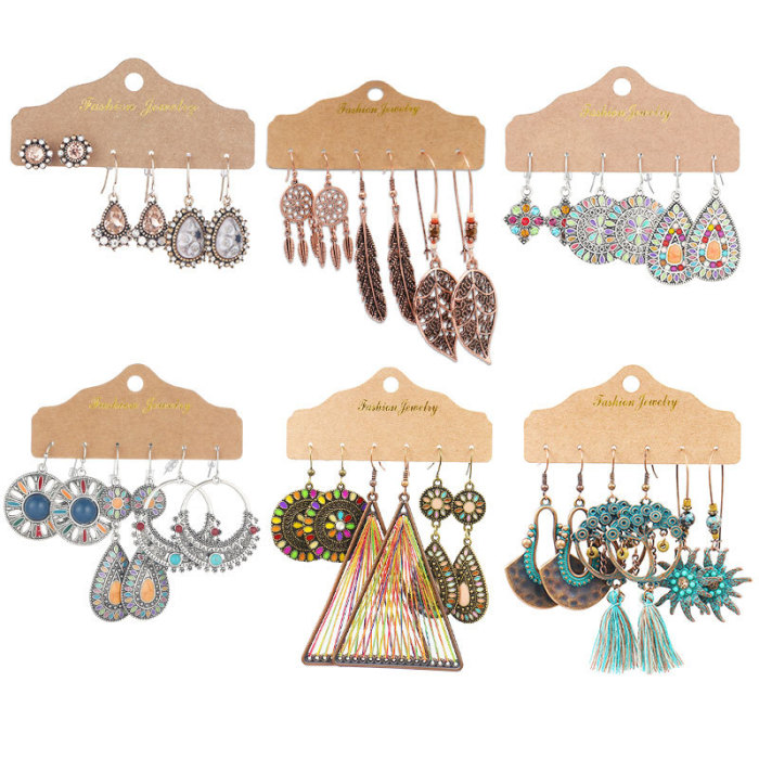 Hot-Selling New Accessories Retro Water Drop Round Geometric Earrings Tassel Leaf Earrings Wholesale 3-Pair Set, Jewe...