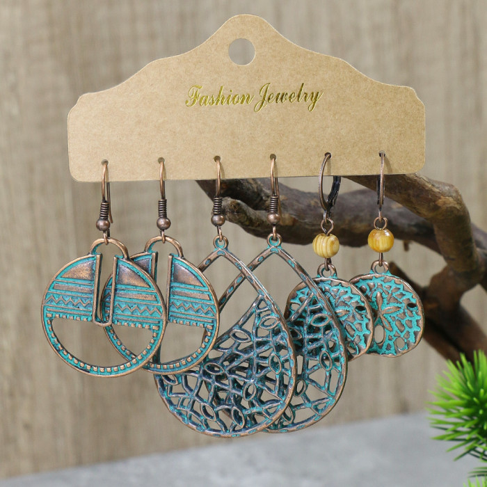 Earrings Set Bohemian Retro Ethnic Style Irregular Earrings Alloy Hollow Turquoise Tassel Earrings for Women, Jewelry...