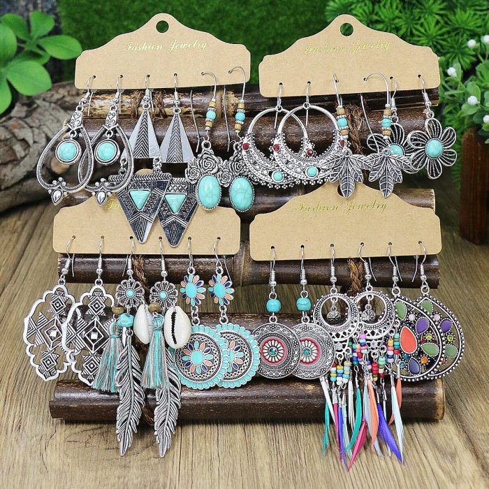 Fashion Ethnic Style Retro Feather Turquoise Earrings Multi-Piece Set Geometric Oil Drop Vacation Style Earrings for...