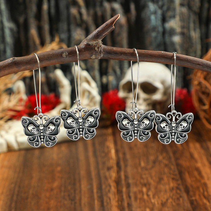 Halloween Earrings White Gold Black Oil Drop Butterfly Alloy Skull Stud Earrings Wholesale
