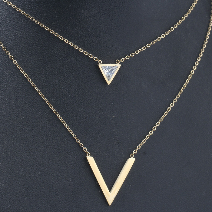 Japanese and Korean New Style Simple Zircon Inlaid Geometric Triangle Splicing Necklace Set Titanium Steel Stainless Steel Women's Collarbone Chain