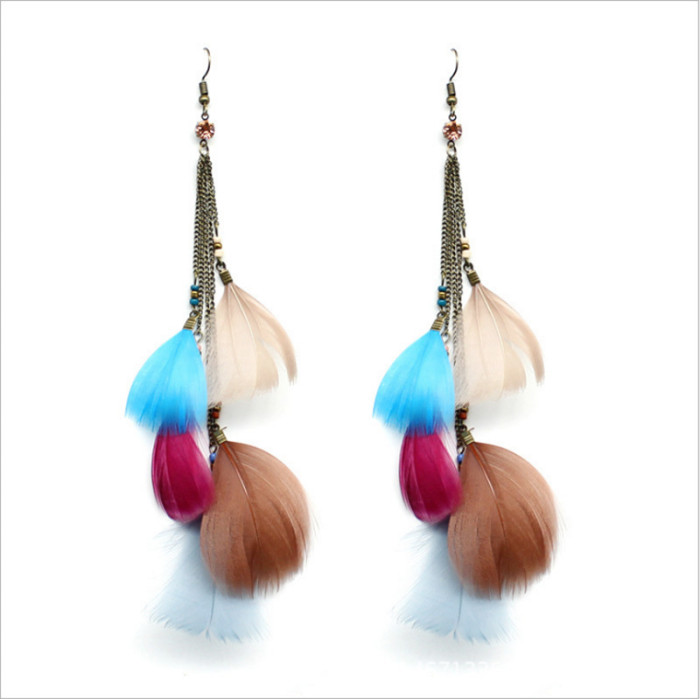Ethnic Style Super Fairy Retro Long Feather Tassel Earrings Bohemian Vacation Versatile Long Leaf Earrings