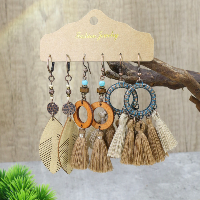 Earrings Set Bohemian Retro Ethnic Style Irregular Earrings Alloy Hollow Turquoise Tassel Earrings for Women, Jewelry...