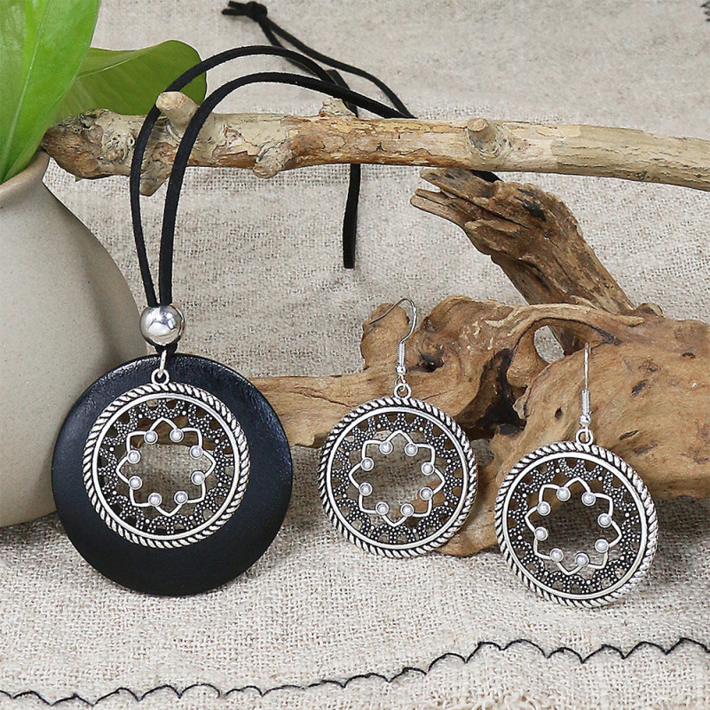 Vintage Ethnic Style Earrings Necklace Set Alloy Fashion Hollow Round Water Drop Tree of Life Jewelry Wholesale Cross-Border
