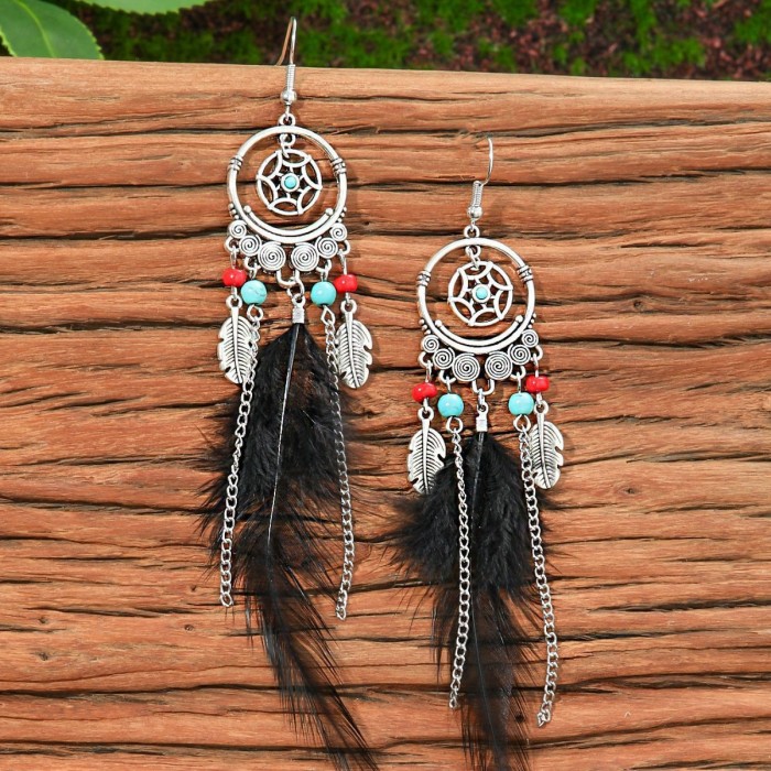 Amazon Wholesale Bohemian Style Feather Earrings Necklace Set Personality Slimming Long Earrings Sweater Chain, Jewel...