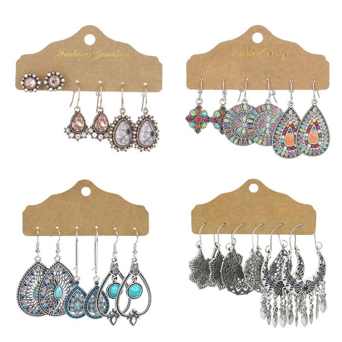Fashion Exotic Style Eye Beaded Tassel Earrings Hollow Water Drop Shape Turquoise Diamond Stud Earrings Set, Jewelry...