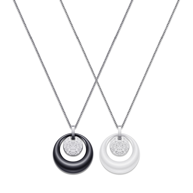 European and American Cross-Border Titanium Steel Personalized Round Ceramic Double-Layer Hollow Inlaid Diamond Fashion Couple Necklace Clavicle Chain Stainless Steel