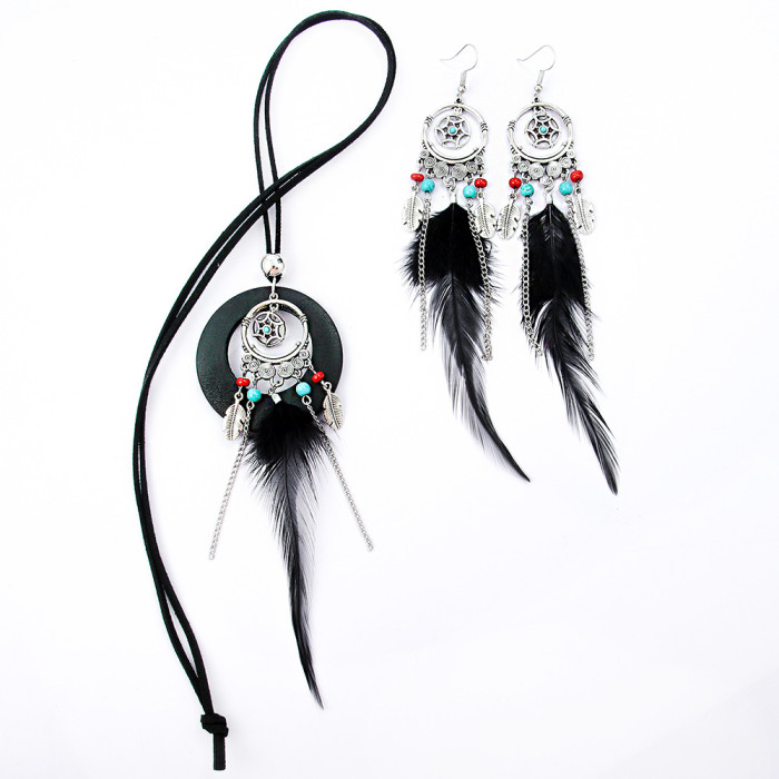 Amazon Wholesale Bohemian Style Feather Earrings Necklace Set Personality Slimming Long Earrings Sweater Chain, Jewel...