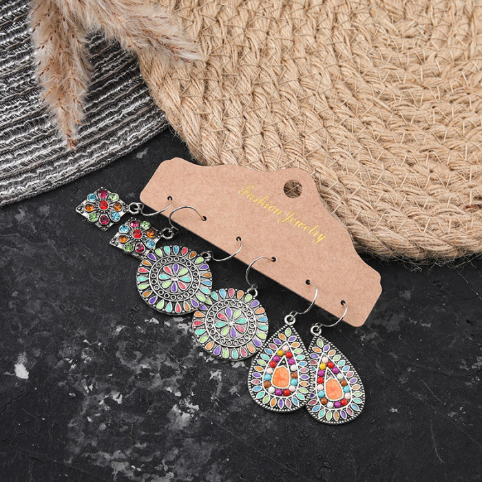 Hot-Selling New Accessories Retro Water Drop Round Geometric Earrings Tassel Leaf Earrings Wholesale 3-Pair Set, Jewe...