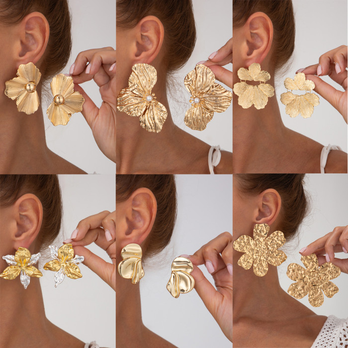European and American Cross-Border INS Style Metallic Texture Flower Earrings Exaggerated Personality Earrings 3D Flower Ear Jewelry