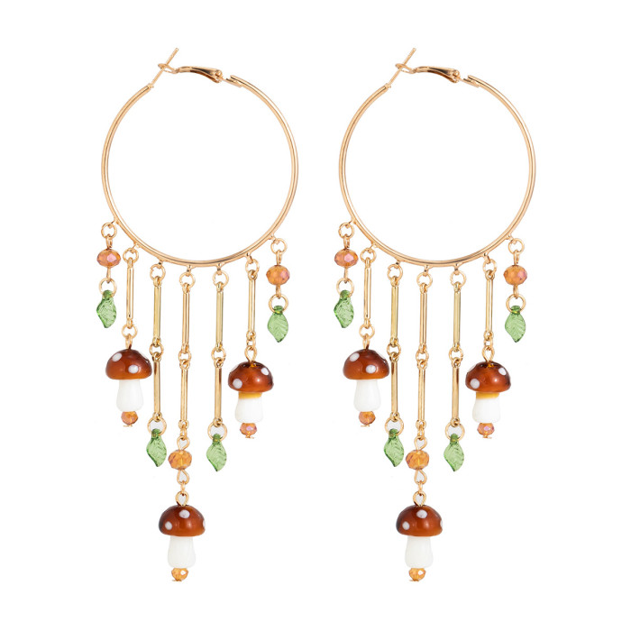 Jewelry Exaggerated Large Hoop Tassel Pendant Earrings for Women Ethnic Style Mushroom Leaf Versatile Earrings
