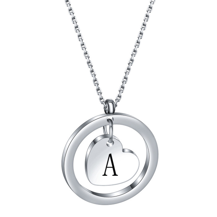 304 Stainless Steel 26 Letters Round Hollow Heart Initial Necklace Name Engraving Couple Gift Necklace
