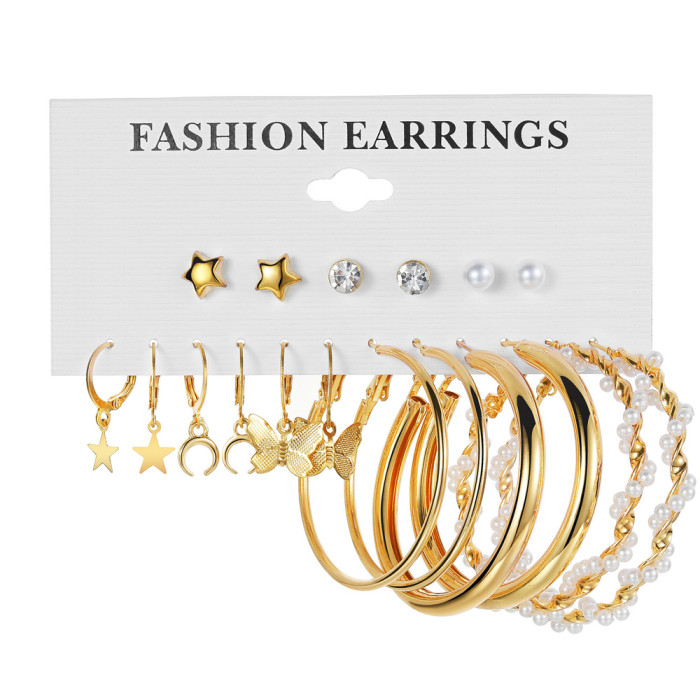 Europe and America Cross Border Alloy Ear Ring Square Geometric Earrings Suit 6-Piece Set Vintage Pearl Card Earrings...