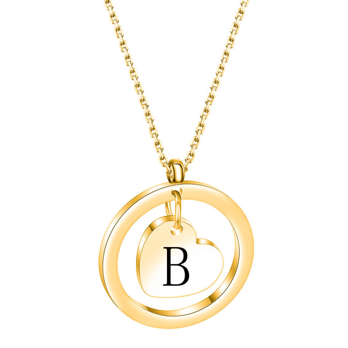 304 Stainless Steel 26 Letters Round Hollow Heart 15MM 18K Gold Necklace Couple Necklace Gift Wholesale for Women
