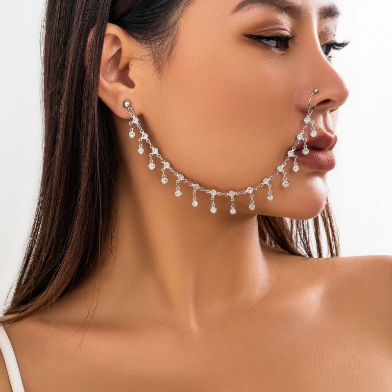 European and American Cross-Border Ethnic Style Piercing Jewelry Earrings Women's Chain Nose Stud Stage No Piercing Rhinestone Tassel Nose Ring