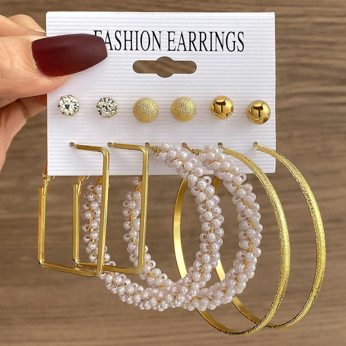 Metal Colorful Rice Bead Hoop Earrings Geometric Round Pearl Stud Earrings Vintage Earring Set 6-Piece Set for Women,...