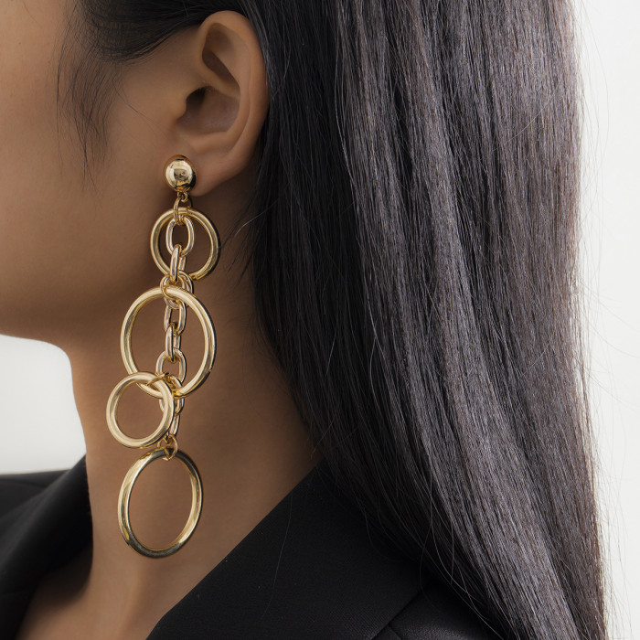 Trendy Simple Long Hoop Tassel Earrings Punk Metal Chain Hollow Stud Earrings for Women Jewelry