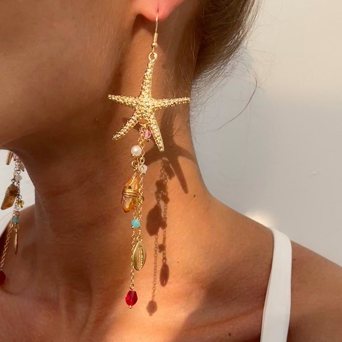 Jewelry Vacation Beach Starfish Jellyfish Alloy Earrings Fashion High-End Crystal Tassel Earrings