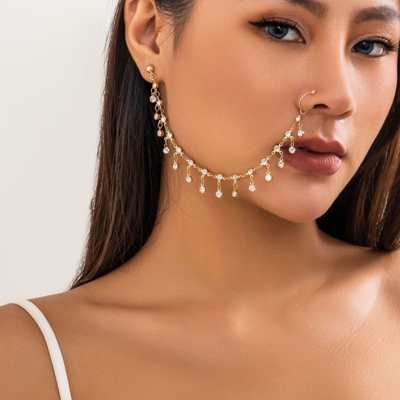 European and American Cross-Border Ethnic Style Piercing Jewelry Earrings Women's Chain Nose Stud Stage No Piercing Rhinestone Tassel Nose Ring