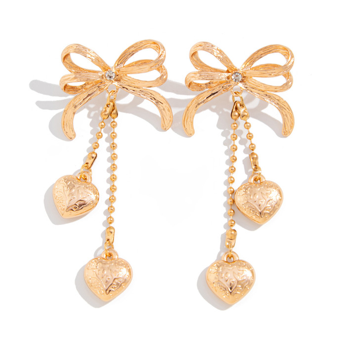 European and American Cross-Border Jewelry French Bow Tassel Bead Chain Earrings for Women Ins Heart Metal Long Earrings