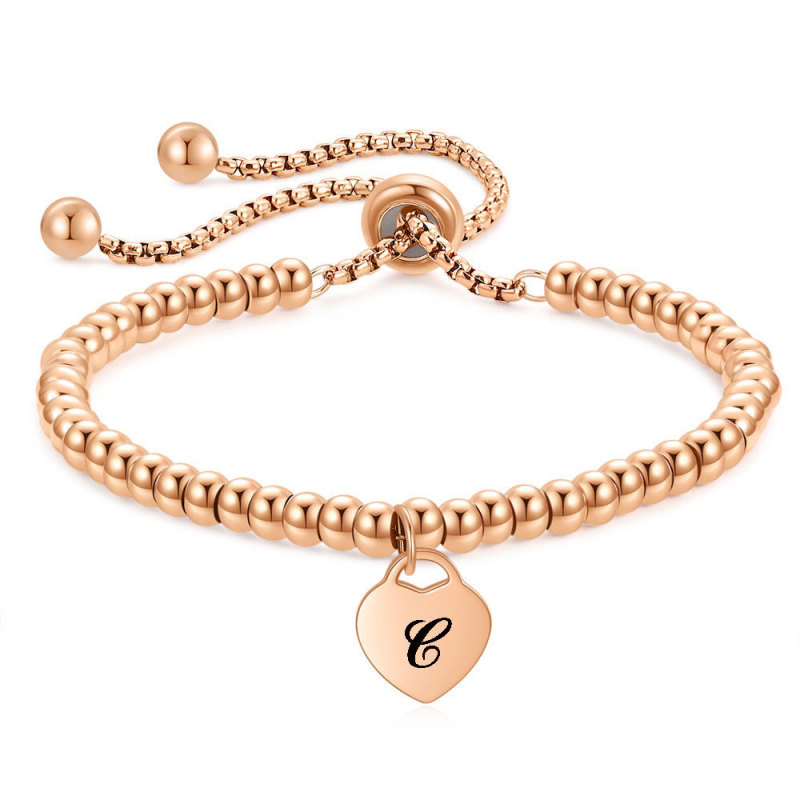 Cross-Border Stainless Steel Heart 26 Letters European and American 4MM Round Beads Versatile Stainless Steel Rose Gold Adjustable Bracelet for Women