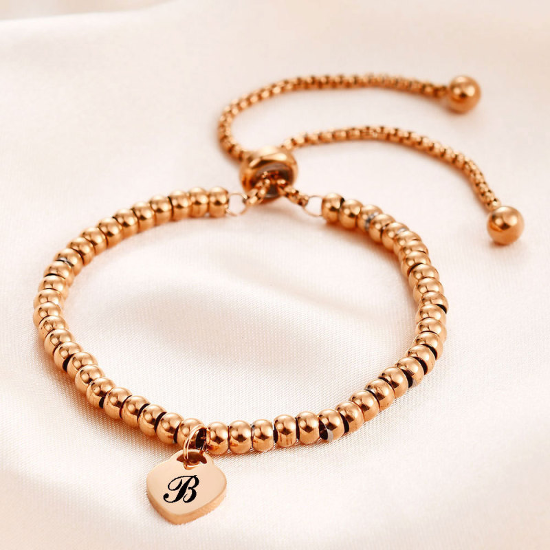 Cross-Border Stainless Steel Heart 26 Letters European and American 4MM Round Beads Versatile Stainless Steel Rose Gold Adjustable Bracelet for Women